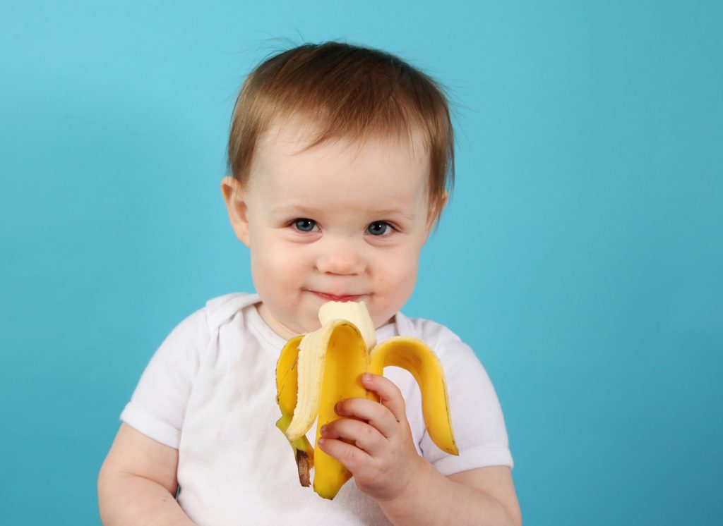 Portrait of a cute baby eating a banana, on a blue studio background